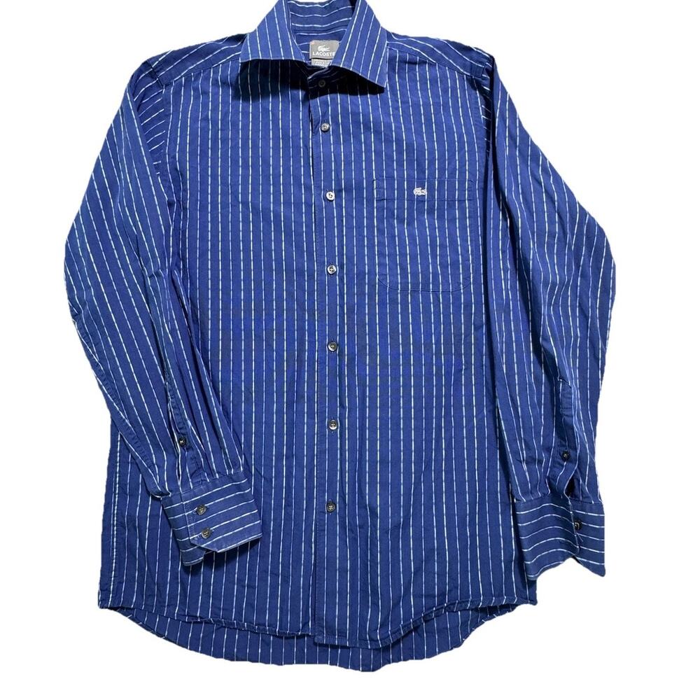 Lacoste Mens Blue Striped Alligator Logo Shirt Sz 38 S Preppy Classic